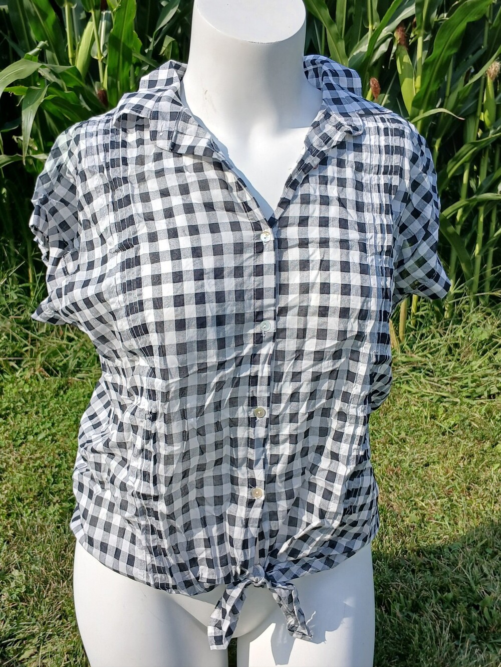 Eden & Olivia Black & White Gingham Plaid Short Sleeve Button Down Shirt Top XL